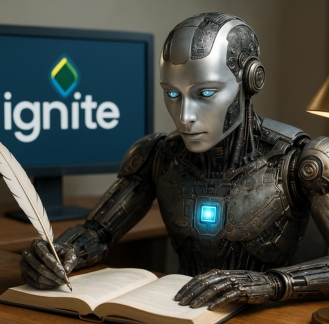 AI learning concept image with robot writing in Ignite Training setting.