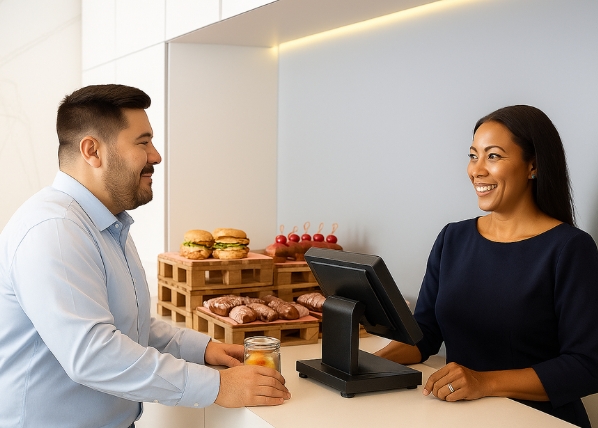 Customer service training interaction at front desk in UAE.