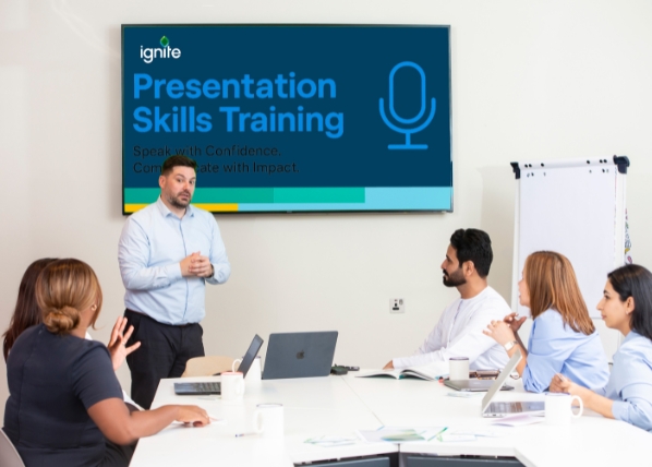 Presentation skills training session with trainer explaining on screen in Dubai.