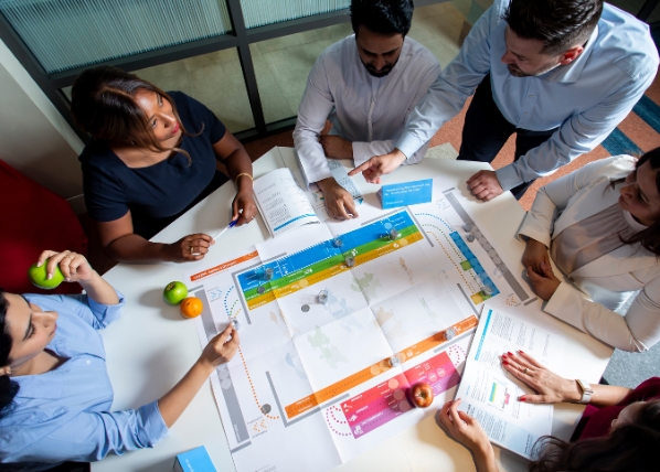 Team collaboration training activity with board game style exercise.