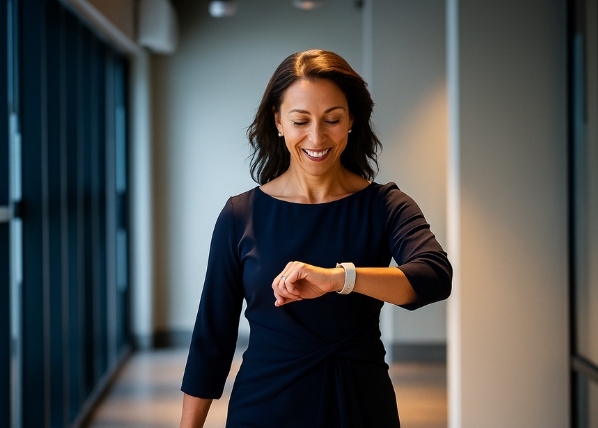 Professional woman smiling while checking watch during time management training.