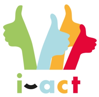 i-act mental health training program logo with colourful thumbs.