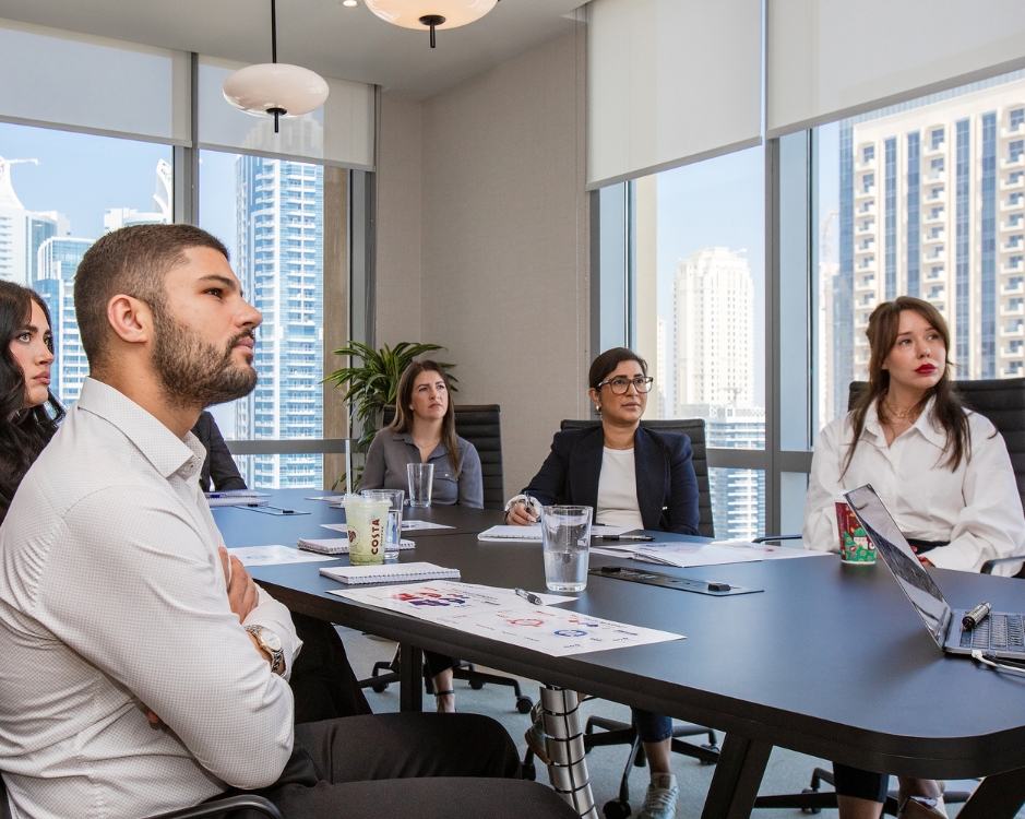 Corporate sales training session in Dubai with executives focused in a boardroom setting.
