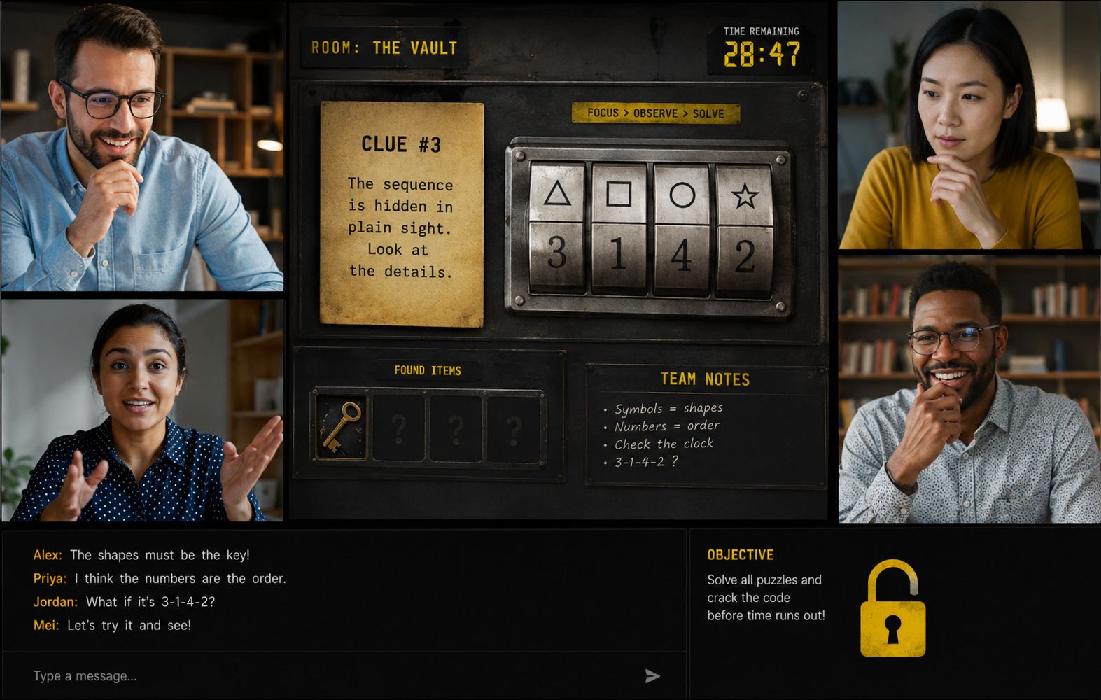 Virtual team working together to solve an online escape vault challenge