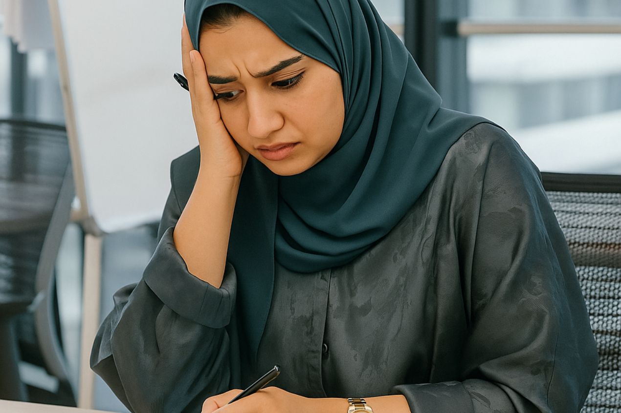 Female professional looking stressed while working on a tablet in an office setting, representing post holiday slump and workplace wellbeing challenges.