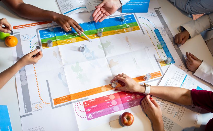 Participants collaborating around a business simulation board game during a corporate workshop.