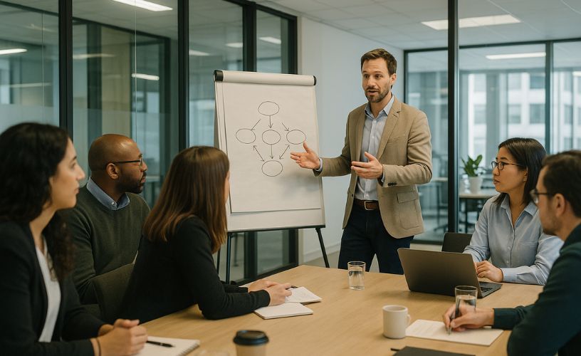 Facilitator leading a workshop using a flipchart while a business team engages in discussion.