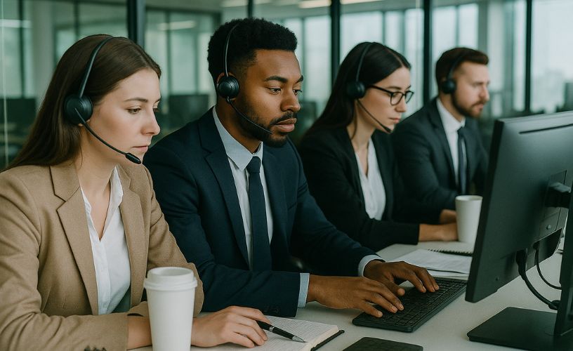Focused customer service team in headsets working together in a training session.