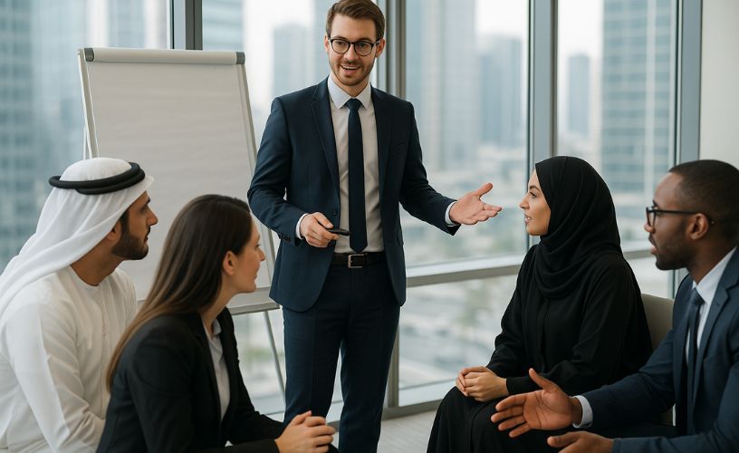 Multicultural business team in discussion with a facilitator in a high-rise office.