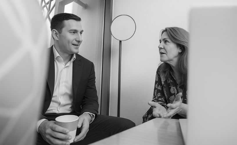One-to-one professional coaching conversation between two colleagues in a modern office.