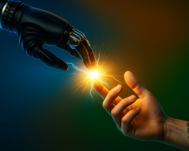Robotic hand and human hand connect with glowing energy, symbolising innovation and performance.