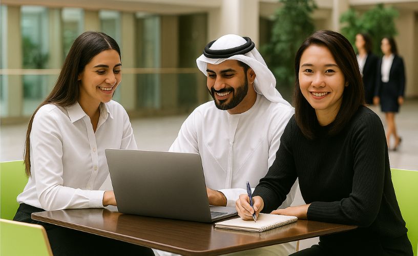 Group of professionals collaborating on laptops in a modern workspace during a training exercise.