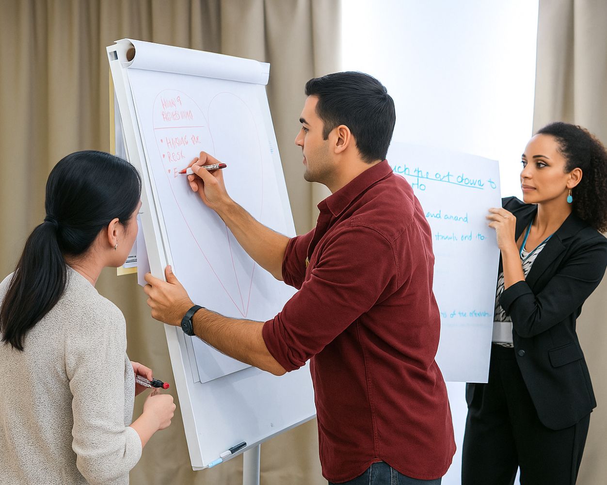 Diverse group of professionals collaborating at a flipchart during a training session.