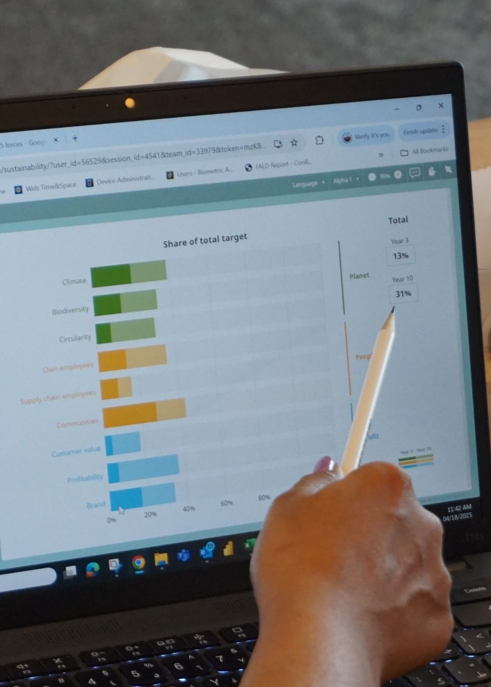 Participant reviewing simulation
results on a laptop during a team workshop discussion.